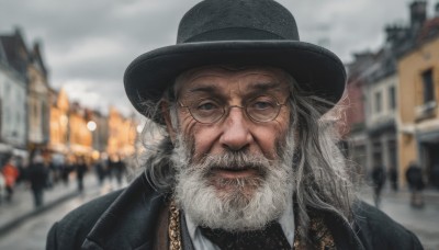 solo,long hair,looking at viewer,shirt,1boy,hat,closed mouth,jacket,white shirt,upper body,white hair,grey hair,male focus,outdoors,necktie,sky,glasses,collared shirt,blurry,black jacket,black headwear,depth of field,blurry background,facial hair,formal,building,portrait,black necktie,beard,city,realistic,round eyewear,mustache,manly,old,old man,blue eyes,parted lips,day,cloud,lips,cloudy sky,smoke,smoking,grey sky,grey-framed eyewear