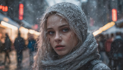 1girl, long hair, looking at viewer, blonde hair, outdoors, parted lips, solo focus, hood, scarf, blurry, lips, blurry background, portrait, snow, snowing, realistic, nose, winter clothes