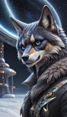 solo,blue eyes,1boy,animal ears,jewelry,closed mouth,jacket,upper body,male focus,sky,signature,black jacket,fur trim,no humans,night,animal,moon,gem,star (sky),furry,starry sky,fur collar,space,furry male,white fur,planet,pillar,wolf,snout,earth (planet),blue gemstone,black fur,looking at viewer,teeth,artist name,blurry,night sky,snow,whiskers