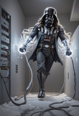 1girl,solo,long hair,brown hair,gloves,holding,standing,full body,weapon,striped,belt,cape,armor,cosplay,bodysuit,mask,glowing,helmet,glowing eyes,walking,science fiction,electricity,cable,gas mask,wire,tube,1boy,male focus,boots,lightning