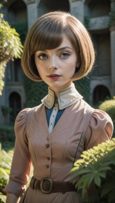 1girl,solo,looking at viewer,short hair,bangs,brown hair,shirt,long sleeves,dress,brown eyes,upper body,flower,outdoors,parted lips,day,belt,blurry,lips,grey eyes,makeup,buttons,blurry background,bob cut,plant,lipstick,buckle,belt buckle,realistic,nose,red lips,brown belt,green eyes,standing,teeth,arms at sides,bush