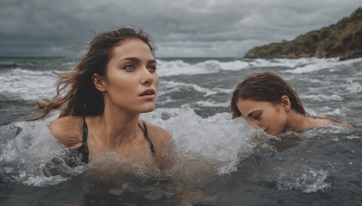 1girl,long hair,open mouth,blue eyes,multiple girls,brown hair,1boy,2girls,swimsuit,closed eyes,bikini,outdoors,parted lips,sky,teeth,cloud,water,mole,lips,wet,ocean,beach,cloudy sky,partially submerged,freckles,realistic,waves,swimming,grey sky,fine art parody,day,shore,overcast