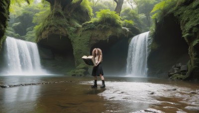 1girl,solo,long hair,bangs,skirt,blonde hair,brown hair,shirt,dress,holding,standing,white shirt,boots,outdoors,shoes,sleeveless,day,socks,black skirt,water,black footwear,black dress,tree,book,black socks,nature,scenery,forest,headwear removed,holding book,hat removed,holding clothes,wide shot,river,holding hat,waterfall,open book,reading