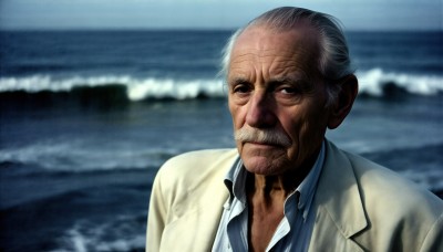 HQ,solo,looking at viewer,shirt,1boy,closed mouth,jacket,upper body,grey hair,male focus,outdoors,collared shirt,water,blurry,black eyes,blurry background,facial hair,ocean,beach,formal,suit,realistic,mustache,bald,manly,old,old man,wrinkled skin,necktie,signature,depth of field,parody,beard,waves