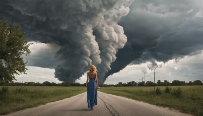 1girl,solo,long hair,skirt,blonde hair,dress,standing,outdoors,sky,day,cloud,from behind,tree,cloudy sky,grass,red footwear,scenery,smoke,walking,long skirt,road,wide shot,lamppost,brown hair,ponytail,blue skirt,path