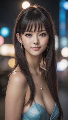 1girl,solo,long hair,breasts,looking at viewer,smile,bangs,brown hair,black hair,dress,cleavage,bare shoulders,brown eyes,jewelry,medium breasts,upper body,earrings,necklace,blurry,black eyes,lips,depth of field,blurry background,blue dress,realistic,nose,bokeh,closed mouth,collarbone,parted lips,sleeveless,artist name,eyelashes,makeup,sleeveless dress