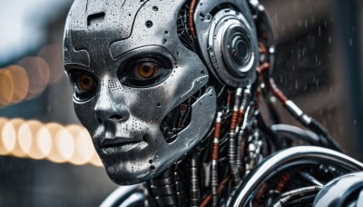 1girl,solo,1boy,brown eyes,male focus,signature,blurry,lips,depth of field,blurry background,helmet,robot,portrait,mecha,lens flare,freckles,science fiction,rain,realistic,android,cable,cyborg,bokeh,power armor,lights,cyberpunk,wire,looking at viewer,upper body,parted lips,armor,orange eyes,close-up