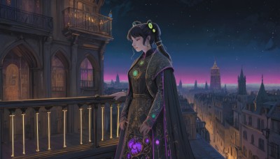 1girl,solo,long hair,smile,bangs,black hair,hair ornament,long sleeves,dress,holding,jewelry,closed mouth,standing,closed eyes,ponytail,earrings,outdoors,sky,necklace,hair bun,cape,black dress,lips,profile,night,glowing,chinese clothes,building,gem,star (sky),night sky,scenery,starry sky,lantern,city,fantasy,railing,cityscape,architecture,rooftop,city lights,balcony,purple sky,window,robe,arch,black robe