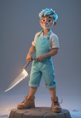 solo,looking at viewer,blush,smile,short hair,open mouth,shirt,1boy,holding,brown eyes,blue hair,standing,full body,white shirt,weapon,short sleeves,male focus,boots,collared shirt,artist name,dark skin,holding weapon,black eyes,brown footwear,dark-skinned male,knife,freckles,watch,rock,holding knife,wristwatch,overalls,male child,shoes,shorts,teeth,glowing,thick eyebrows,bandaid,bandaid on face