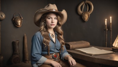 1girl,solo,long hair,breasts,looking at viewer,blonde hair,brown hair,shirt,long sleeves,hat,cleavage,brown eyes,jewelry,medium breasts,sitting,closed mouth,boots,collared shirt,belt,pants,indoors,necklace,lips,buttons,wavy hair,chair,brown footwear,table,ring,suspenders,blue shirt,buckle,pendant,belt buckle,paper,realistic,nose,brown headwear,brown belt,lamp,candle,leather,cowboy hat,map,cowboy western,candlelight,upper body,earrings,book,open book,candlestand,denim jacket