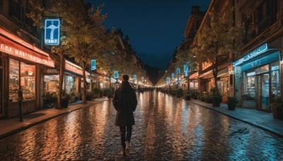 1girl, solo, outdoors, sky, shoes, from behind, tree, coat, night, plant, building, star (sky), night sky, scenery, reflection, walking, city, sign, potted plant, road, street, shop, vending machine, neon lights, pavement, vanishing point