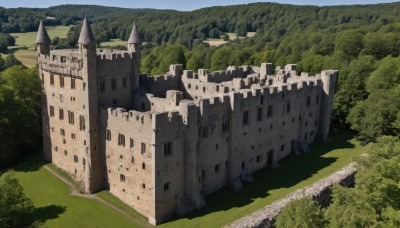 outdoors,day,tree,no humans,grass,building,nature,scenery,forest,road,green theme,castle,tower,landscape,path,sky,cloud,blue sky,mountain,fantasy,river,cliff