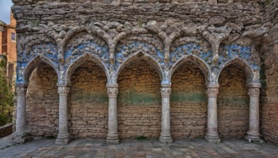 outdoors,sky,day,tree,blue sky,no humans,window,traditional media,grass,plant,building,scenery,stairs,wall,architecture,pillar,arch,column,pavement,stone floor,bush,painting (medium),watercolor (medium),ruins,moss,stone wall,acrylic paint (medium),brick floor