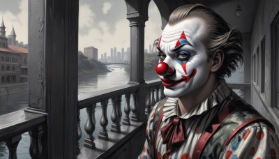 solo,looking at viewer,smile,short hair,blue eyes,shirt,1boy,upper body,male focus,outdoors,sky,cloud,indoors,water,window,makeup,facial mark,suspenders,cloudy sky,lipstick,building,reflection,railing,red lips,facepaint,bridge,clown,white hair,mask,polka dot,pale skin