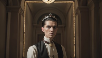 solo,looking at viewer,short hair,shirt,black hair,1boy,brown eyes,white shirt,upper body,male focus,indoors,black eyes,vest,collar,ascot,crown,realistic,closed mouth,portrait