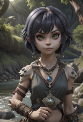 1girl,solo,breasts,looking at viewer,smile,short hair,bangs,shirt,black hair,navel,bare shoulders,jewelry,closed mouth,green eyes,collarbone,upper body,earrings,small breasts,outdoors,sleeveless,day,midriff,belt,artist name,water,necklace,blurry,bracelet,tree,lips,fingernails,fur trim,eyelashes,sleeveless shirt,depth of field,blurry background,watermark,piercing,gem,ear piercing,nature,armband,web address,armlet,pendant,forest,freckles,rock,realistic,nose,bracer,river,tooth necklace,dress,blue hair,signature