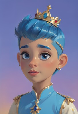 1girl,solo,looking at viewer,blush,smile,short hair,blue eyes,hair ornament,dress,jewelry,blue hair,upper body,earrings,parted lips,teeth,shiny,dark skin,lips,gradient,gradient background,eyelashes,makeup,blue dress,blue background,tiara,crown,gem,portrait,freckles,very short hair,bangs,simple background,artist name,signature,thick eyebrows,purple background,red lips,blue gemstone