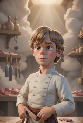 solo,short hair,blonde hair,brown hair,long sleeves,1boy,holding,brown eyes,closed mouth,standing,male focus,food,indoors,apron,grey eyes,buttons,sunlight,knife,child,steam,smoke,freckles,holding knife,male child,kitchen,chef,kitchen knife,cutting board,blue eyes,upper body,artist name,cloud,lips,table,looking up,light rays,realistic,sunbeam,cooking,meat,onion