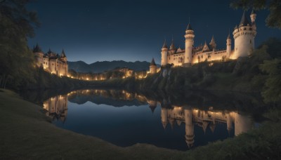 outdoors,sky,water,tree,no humans,night,grass,building,star (sky),nature,night sky,scenery,forest,starry sky,mountain,fantasy,bridge,river,castle,tower,landscape,lake,reflection,cliff,arch,reflective water