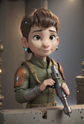 solo,smile,short hair,brown hair,1boy,holding,brown eyes,jewelry,closed mouth,weapon,male focus,earrings,holding weapon,armor,gun,military,shoulder armor,child,freckles,male child,upper body,belt,uniform,military uniform,zipper,realistic,shoulder pads,flashlight