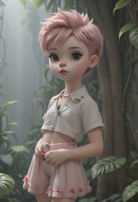 1girl,solo,looking at viewer,blush,short hair,shirt,hair ornament,1boy,navel,brown eyes,jewelry,closed mouth,underwear,standing,white shirt,pink hair,flower,short sleeves,male focus,cowboy shot,earrings,outdoors,shorts,hairclip,midriff,collared shirt,artist name,hair flower,necklace,nail polish,bra,blurry,black eyes,tree,lips,see-through,makeup,buttons,blurry background,leaf,piercing,ring,plant,wing collar,lipstick,child,nature,forest,freckles,bloomers,male child,pink shorts,breasts,skirt,small breasts