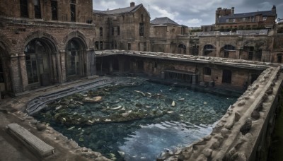 outdoors,sky,day,cloud,water,tree,no humans,window,cloudy sky,building,scenery,rock,city,watercraft,architecture,ruins,bridge,river,boat,blue sky,stairs,arch,stone