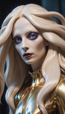 1girl,solo,long hair,looking at viewer,blue eyes,blonde hair,jewelry,upper body,parted lips,lips,grey eyes,eyelashes,bodysuit,makeup,lipstick,pale skin,portrait,eyeshadow,realistic,nose,red lips,eyeliner,mascara,black lips,earrings,teeth,artist name,armor,wavy hair,forehead