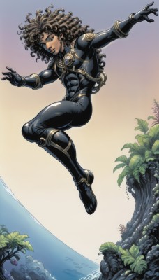 solo,long hair,brown hair,black hair,gloves,1boy,brown eyes,full body,male focus,dark skin,water,bodysuit,muscular,ocean,abs,dark-skinned male,outstretched arms,skin tight,curly hair,black bodysuit,superhero,dreadlocks,plant,jumping