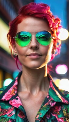 1girl,solo,looking at viewer,short hair,shirt,jewelry,collarbone,upper body,red hair,earrings,open clothes,glasses,collared shirt,blurry,lips,open shirt,makeup,blurry background,watermark,floral print,sunglasses,lipstick,portrait,realistic,nose,unbuttoned,stud earrings,tinted eyewear,hawaiian shirt,smile,depth of field,lens flare,zipper,unzipped