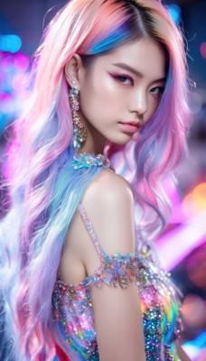 1girl,solo,long hair,breasts,looking at viewer,blue eyes,black hair,hair ornament,bare shoulders,jewelry,medium breasts,closed mouth,blue hair,upper body,pink hair,multicolored hair,earrings,artist name,necklace,blurry,black eyes,from side,two-tone hair,lips,looking to the side,eyelashes,makeup,depth of field,blurry background,wavy hair,gem,armlet,eyeshadow,realistic,nose,eyeliner,bokeh,mascara,dress,watermark,lipstick,web address,multicolored clothes,lens flare,pearl (gemstone)