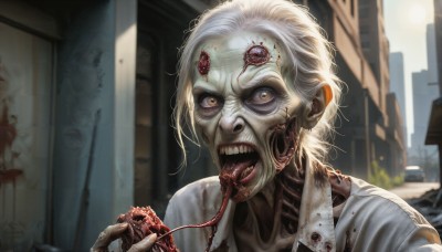 HQ,1girl,solo,looking at viewer,short hair,open mouth,blonde hair,1boy,yellow eyes,white hair,male focus,outdoors,teeth,solo focus,tongue,tongue out,blurry,blood,blurry background,sharp teeth,ground vehicle,building,portrait,motor vehicle,veins,monster,blood on face,city,realistic,car,zombie,horror (theme),guro,eldritch abomination,holding,day,eating,pale skin