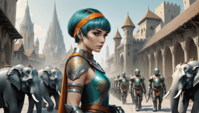 1girl,breasts,looking at viewer,short hair,blue eyes,holding,jewelry,medium breasts,blue hair,weapon,hairband,earrings,outdoors,sky,solo focus,day,belt,sword,cape,holding weapon,armor,aqua eyes,lips,aqua hair,holding sword,helmet,shoulder armor,gauntlets,building,sheath,pauldrons,breastplate,fantasy,very short hair,multiple others,horse,castle,knight,full armor,army,gloves,multiple boys,mole,shield