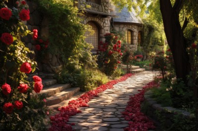 flower,outdoors,day,tree,petals,no humans,window,rose,sunlight,grass,plant,red flower,building,nature,scenery,forest,red rose,stairs,door,road,bush,house,brick wall,path,arch,garden,leaf,pavement