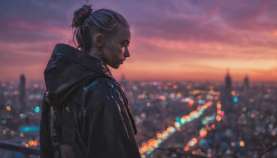 1girl, solo, black hair, jewelry, jacket, upper body, earrings, outdoors, sky, cloud, hood, hair bun, blurry, profile, depth of field, blurry background, single hair bun, hood down, hooded jacket, sunset, hoop earrings, city, bokeh, twilight, evening