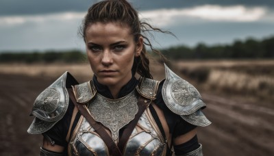 1girl,solo,long hair,looking at viewer,brown hair,brown eyes,jewelry,closed mouth,upper body,braid,earrings,outdoors,sky,day,armor,blurry,black eyes,lips,blurry background,shoulder armor,freckles,pauldrons,breastplate,realistic,chainmail,cloud,dark skin,dark-skinned female,serious