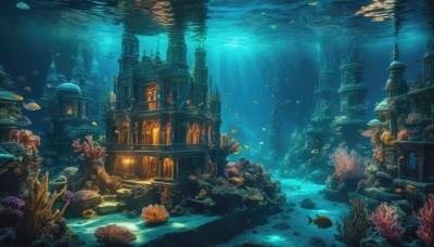 water,no humans,ocean,sunlight,building,scenery,fish,bubble,light rays,city,underwater,fantasy,air bubble,watercraft,architecture,sunbeam,ruins,shell,boat,turtle,coral,outdoors,animal,rock,castle,statue