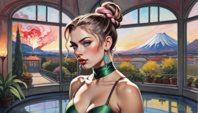 1girl,solo,breasts,looking at viewer,blush,short hair,blue eyes,large breasts,brown hair,hair ornament,dress,cleavage,bare shoulders,jewelry,medium breasts,collarbone,upper body,earrings,choker,indoors,hair bun,lips,window,makeup,single hair bun,fire,plant,lipstick,green dress,mountain,nose,red lips,potted plant,building,green bikini,green choker