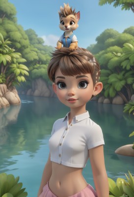 1girl,breasts,looking at viewer,smile,short hair,open mouth,bangs,skirt,brown hair,shirt,1boy,navel,brown eyes,jewelry,standing,white shirt,upper body,short sleeves,earrings,small breasts,outdoors,parted lips,sky,teeth,day,midriff,collared shirt,water,stomach,tree,blue sky,lips,crop top,buttons,siblings,animal,wing collar,nature,furry,pink skirt,freckles,rock,furry female,on head,stud earrings,cropped shirt,lake,lily pad,pond,buck teeth,animal ears,vest,upper teeth only,thick eyebrows,plant,reflection,blue vest,river