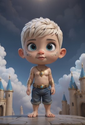 solo,looking at viewer,smile,short hair,blue eyes,blonde hair,1boy,navel,jewelry,closed mouth,nipples,standing,full body,white hair,male focus,earrings,outdoors,sky,barefoot,day,belt,pants,artist name,cloud,necklace,chibi,blue sky,lips,tattoo,facial mark,piercing,moon,cloudy sky,pectorals,denim,building,ear piercing,child,armlet,pendant,topless male,jeans,sun,stud earrings,male child,facial tattoo,castle