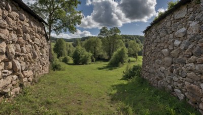 flower,outdoors,sky,day,cloud,tree,blue sky,dutch angle,no humans,cloudy sky,grass,plant,nature,scenery,forest,rock,road,bush,wall,ruins,landscape,path,moss,stone wall,mountain,horizon,stone