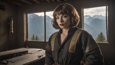 1girl,solo,looking at viewer,short hair,bangs,brown hair,long sleeves,brown eyes,closed mouth,upper body,sky,day,indoors,blurry,tree,lips,window,table,curtains,robe,mountain,black hair,parted lips,cloud,black eyes,makeup,bob cut,scenery,realistic,candle,fine art parody,pine tree