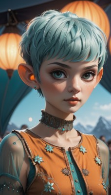 1girl,solo,breasts,looking at viewer,short hair,bangs,blue eyes,jewelry,green eyes,blue hair,collarbone,upper body,flower,earrings,outdoors,parted lips,sky,choker,day,pointy ears,artist name,blurry,collar,aqua eyes,blue sky,lips,see-through,eyelashes,aqua hair,makeup,depth of field,blurry background,web address,freckles,lantern,nose,very short hair,medium breasts,closed mouth,buttons,watermark,floral print,thick eyebrows,zipper