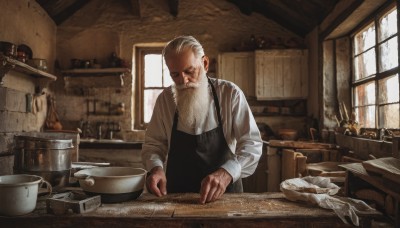 solo,shirt,long sleeves,1boy,closed mouth,standing,closed eyes,white shirt,white hair,grey hair,male focus,food,day,indoors,apron,window,facial hair,knife,beard,realistic,mustache,old,old man,cooking,kitchen,sink,stove,kitchen knife,wrinkled skin,cutting board,upper body,scar,looking down,bowl,bread,jar,counter