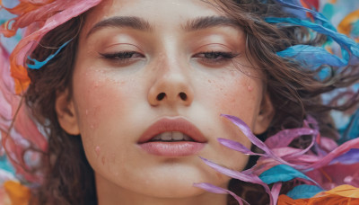 1girl, solo, long hair, brown hair, parted lips, teeth, blurry, lips, eyelashes, portrait, close-up, freckles, realistic, nose