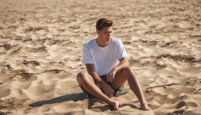 solo,short hair,brown hair,shirt,black hair,1boy,sitting,closed mouth,full body,white shirt,short sleeves,male focus,outdoors,shorts,barefoot,day,dark skin,shadow,beach,black shorts,dark-skinned male,t-shirt,realistic,sand,photo background,leg hair,water,facial hair,beard,arm hair