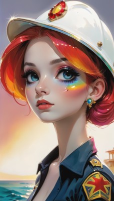 1girl,solo,breasts,looking at viewer,short hair,blue eyes,hat,cleavage,jewelry,collarbone,upper body,red hair,multicolored hair,earrings,outdoors,parted lips,sky,teeth,shiny,water,hair bun,star (symbol),orange hair,uniform,from side,lips,eyelashes,makeup,ocean,white headwear,single hair bun,lipstick,gem,portrait,lens flare,eyeshadow,freckles,sunset,pink lips,glint,nose,sun,red lips,eyeliner,badge,police,police uniform,policewoman,mascara,blush,jacket,sparkle,helmet