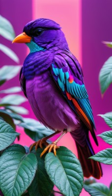 solo,looking at viewer,closed mouth,full body,blurry,black eyes,from side,pokemon (creature),no humans,depth of field,blurry background,bird,animal,leaf,feathers,plant,purple background,animal focus,talons,beak,simple background,standing,artist name,watermark,pink background,parrot