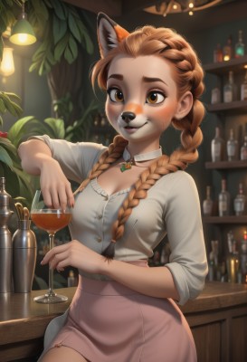 1girl,solo,long hair,breasts,blush,smile,skirt,brown hair,shirt,holding,animal ears,cleavage,brown eyes,jewelry,medium breasts,sitting,braid,earrings,artist name,indoors,necklace,orange hair,blurry,twin braids,cup,lips,blurry background,bottle,plant,dog ears,holding cup,hair over shoulder,furry,alcohol,drinking glass,pink skirt,freckles,furry female,stud earrings,wine glass,stool,wine,snout,bar (place),looking at viewer,long sleeves,white shirt,choker,patreon username,crown braid