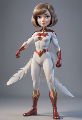 1girl,solo,breasts,looking at viewer,smile,short hair,blue eyes,brown hair,gloves,closed mouth,standing,full body,small breasts,boots,grey background,cape,lips,grey eyes,bodysuit,bob cut,feathers,red footwear,skin tight,red gloves,clenched hands,white bodysuit,superhero,bangs,simple background,brown eyes,medium breasts,black eyes