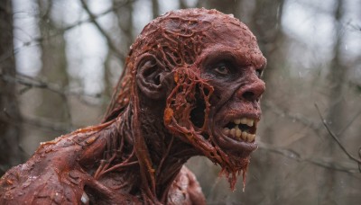 solo,open mouth,teeth,signature,blurry,no humans,blurry background,1other,science fiction,veins,monster,realistic,alien,horror (theme),1boy,brown eyes,upper body,male focus,black eyes,from side,blood,portrait,crack